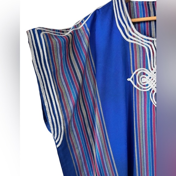 Moroccan Kaftan Gandoura Dress, One Size, Ethnic Loungewear Long Maxi, Blue - Picture 3 of 4